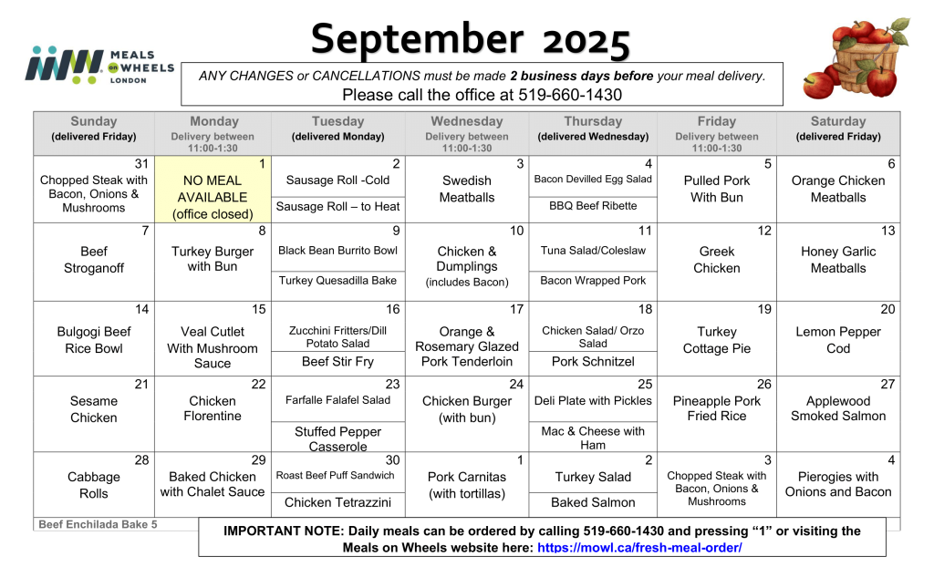 Meals on Wheels London's Fresh Meal calendar for September 2025